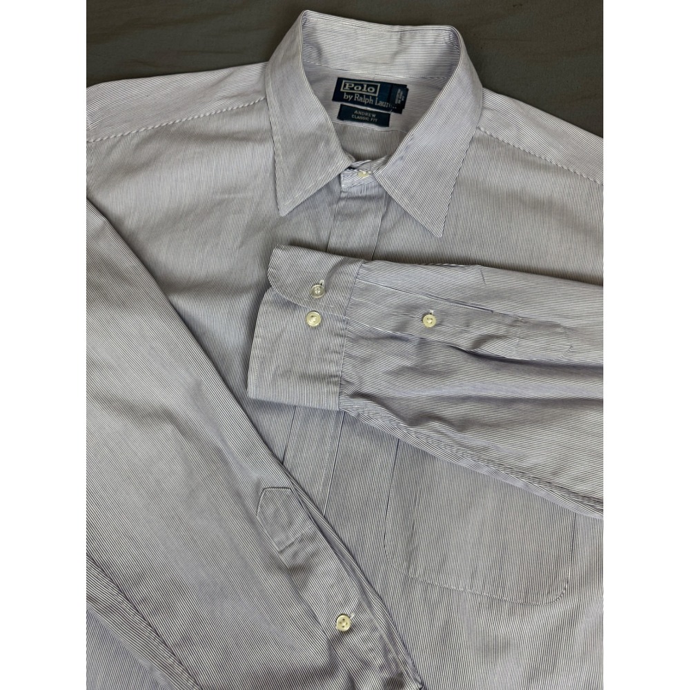 VTG Polo Ralph Lauren Andrew Classic Fit Pinstripe Shirt Blue White 16.5 34/35